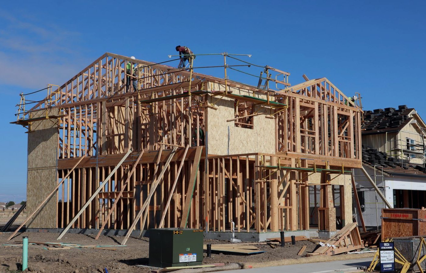Wood framing of a new two-story home under construction